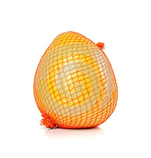 Pomelo Fruit in Plastic Mesh Packaging Isolated on White, Yellow Whole Pomelo on White Background, Clipping Path