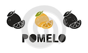 Pomelo, silhouette icons set with lettering. Imitation of stamp, print with scuffs. Simple black shape and color vector