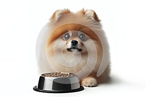 a Pomeranian dog with big sad eyes sits by a bowl waiting for food isolated on solid white background. ai generative