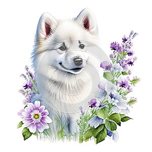 Pomeranian dog with flowers isolated on white background. Watercolor illustration. Generative AI Generative AI