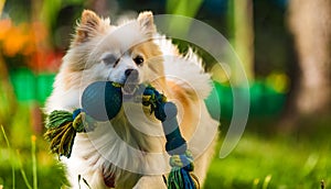 Pomeranian dog german spitz klein fetching a toy running towards camera