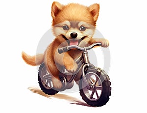 pomeranian dog rides a bicycle on a white background, Generative AI illustrations