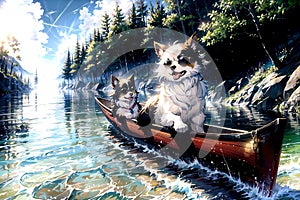 Pomeranian dog wearing sunglasses has adventure on the sea in a canoe
