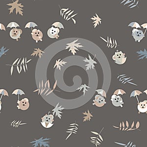 a pattern without a background of pomeranian puppies flying on colorful umbrellas