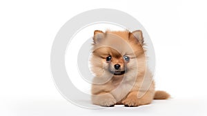 Pomeranian puppy on white background, Generative Ai