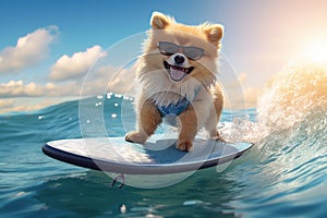 Pomeranian Surfer Chic: Pup Hangs Ten on the Ocean Waves - Generative AI