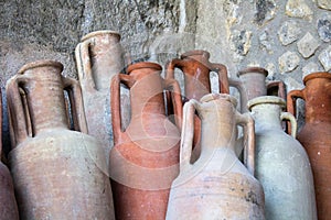 Pompeii, Italy, June 26, 2020 amphorae in an ancient warehouse