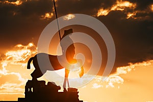 Pompeii, Italy. Statue Of Centaur On Territory Of Forum On Background Sunset Sunrise Sky