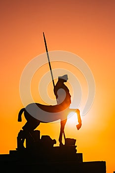 Pompeii, Italy. Statue Of Centaur On Territory Of Forum On Background Sunset Sunrise Sky