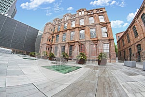 Pompeu Fabra University in Barcelona, outdoors shot of the facade. Erasmus in Europe and education concept with empty copy space.