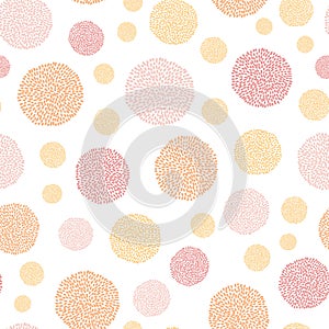 Pompom vector pattern in pastel colors, oragne, red, pink, perfect for wallpaper or fabric, soft gentle seamlesss polka