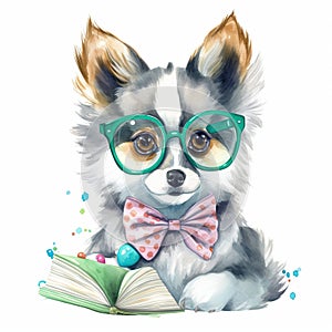 Pomsky Puppy in Pastel Headband and Bandana with a Touch of Watercolor. AI Generated