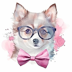 Pomsky Puppy Posing with a Beautiful Watercolor Background and Pastel Headband. AI Generated