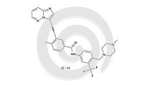 ponatinib hydrochloride molecule, structural chemical formula, ball-and-stick model, isolated image hydrochloride salt of