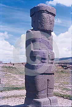 The Ponce monolith, an ancient stone carving at the Tiwanaku archaeological site near La Paz, Bolivia