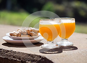 Poncha, a traditional alcoholic drink from the island of Madeira, made with aguardente de cana and fresh passion fruit. Served