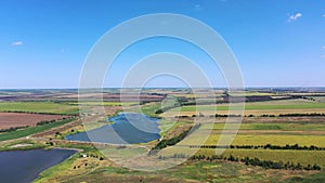 Pond and agricultural fields aerial view