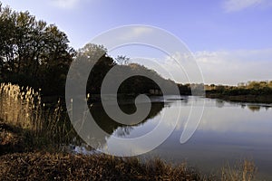 Pond in autumn with sunrise over background of frozen water, trees in November colors with blue sky and cloud