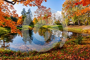 Pond in Catherine park in autumn, Tsarskoe Selo Pushkin, Saint Petersburg, Russia
