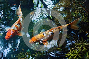 Pond with decorative orange underwater fish nishikigoi. Aquarium Japanese koi carp