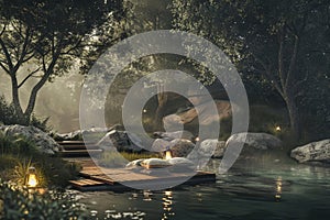 Pond With Dock Surrounded by Rocks and Trees. Generative AI.