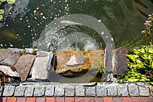 Pond with fish and artificial waterfall made of stones.