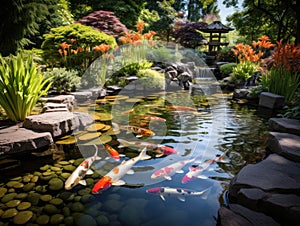 a pond with fish and a waterfall
