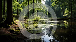 A pond in a forest with reflections of trees and a blue sky