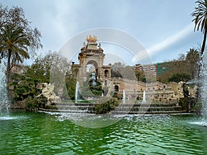 Pond and Fountain cascades in Parc De la Ciutadella. Barcelona, Spain