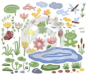 Pond frog lake water lilies reeds nature animals insects ducks, big set illustration