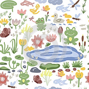 Pond frog lake water lilies reeds nature animals insects ducks, big set illustration