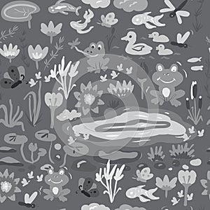 Pond frog lake water lilies reeds nature animals insects ducks, big set illustration