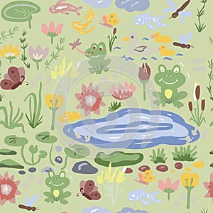 Pond frog lake water lilies reeds nature animals insects ducks, big set illustration