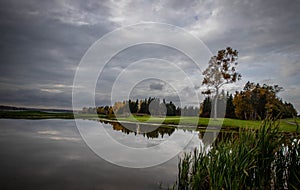 pond in front of a golf green