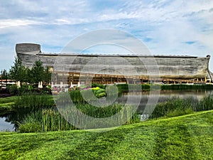 A Pond and Garden in Front of The Ark Encounter. Life Sized Noah`s ark