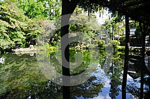 Pond of the Holy Water from Mt. Fuji at the Fuji Hongu Sengen Taisha Shrine in Shizuoka, Japan. This shrine is located in close to
