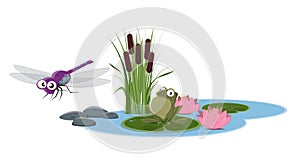 Funny cartoon illustration of a small pond with dragonfly and frog