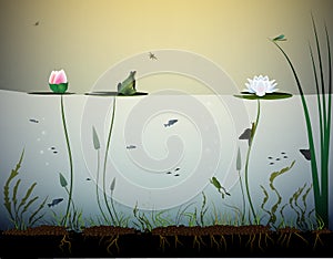 Pond life, under the water, river`s animal, shadows, black and white,