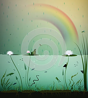 Pond life, under the water, summer rain with rainbow on the pond, pond life in