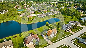 Pond in middleclass neighborhood with tennis court amenity aerial of houses