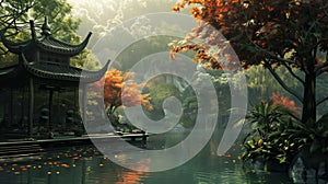 Pond With Pagoda in Background