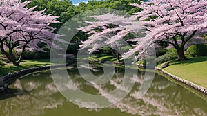 A Pond With Pink Flowers And Trees