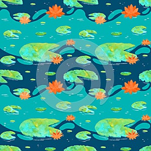 Pond plants watercoolor illustration with reeds, water lilies and grass seamless pattern.
