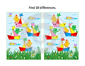 Pond regatta picture puzzle with chicks, frogs, toy sailboats, fish, grassy coastline. Find 10 differences.