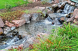 Pond and running water over waterfall