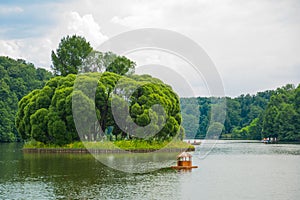 A pond with a small island. Tsaritsyno park in Moscow. Russia.