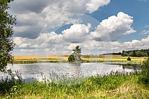 Pond in summer landscape under amazing blue sky with clouds