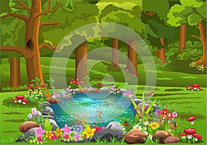 Pond surrounded by flowers in the middle of the forest