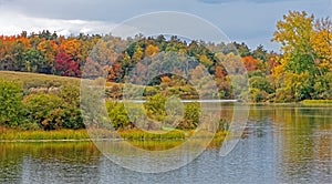 pond view of Fall color tree foliage in red, yellow and orange with gray blue sky