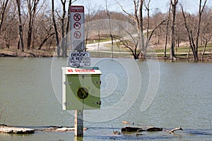 Pond Warning Signs Danger Deep Water Emergency Life Preserver Misuse Penalty Swimming Prohibited